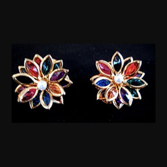 VTG RAINBOW STARBURST PEARL 1" PIERCED EARRINGS - Picture 1 of 3